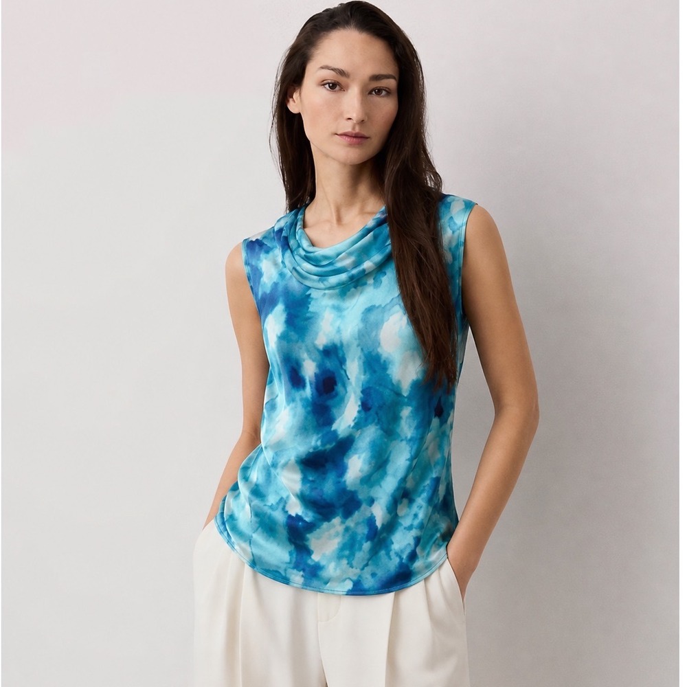 Evan Picone Cowl Neck Blouse‎ Top Womens Size 14 Blue Watercolor Office Chic